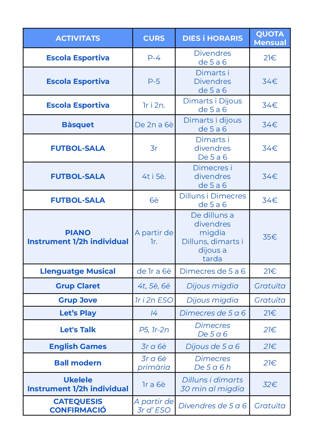 Quadre Extraescolars 2